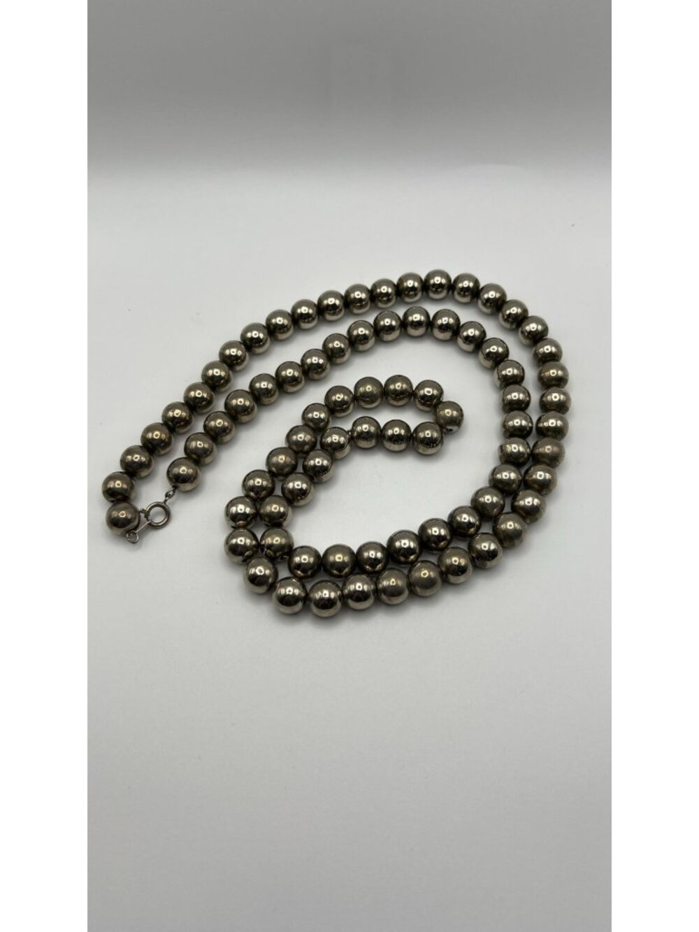 Silver-Tone Korean Bead Necklace With Spring Ring Clasp 24" Long Vintage Stateme